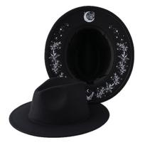 Lauko gėlių mėnulio rašto Fedora skrybėlė Moterims vyrams Mados Asmenybė Ruduo Žiema Platus kraštas Raganiškas skrybėlė Britiškas retro Plokščias viršus skrybėlė 55-58 black