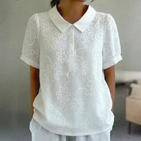 Women’s Casual Short Sleeve Pullover Top with Classic Collar and Floral Embroidered Pattern Loose Fit Blouse for Daily Wear XL balta