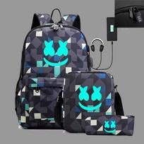 Marshmello zefyro šviečiantis kuprinė, per petį nešiojama pieštukinė, trijų dalių rinkinys, USB įkrovimas, studento mokyklinė kuprinė Large three-piece set gray
