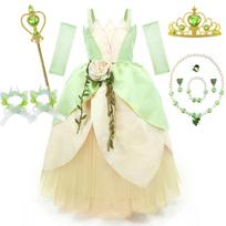 Pasakų princesės ir varlės kostiumas Cosplay Vaikų princesės suknelė-sijonas Atidengtais pečiais Tiana Deluxe Karališkas suknelė Mergaičių išleistuvių vakarėlio kostiumas 9-10T(TAG 150) beige