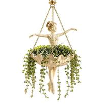 Vintage Style Hanging Basin Fairy Ballet Dancer Mermaid Planter, Resin Decorative Flower Pot with Metal Chain, Wall Vase Outdoor Indoor Garden S A beige