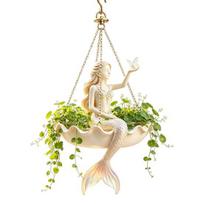 Vintage Style Hanging Basin Fairy Ballet Dancer Mermaid Planter, Resin Decorative Flower Pot with Metal Chain, Wall Vase Outdoor Indoor Garden L B