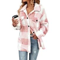 Women's Elegant Plaid Fuzzy Jacket for Fall Winter - Cozy Stylish Outerwear L rožinė
