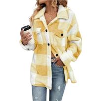 Women's Elegant Plaid Fuzzy Jacket for Fall Winter - Cozy Stylish Outerwear S geltona