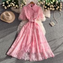 Super fairy princess wind heavy industry lace mesh lapel dress women's summer French celebrity single-breasted waist dress S rožinė