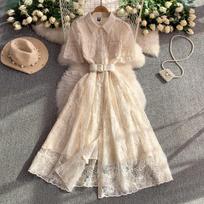 Super fairy princess wind heavy industry lace mesh lapel dress women's summer French celebrity single-breasted waist dress S gray