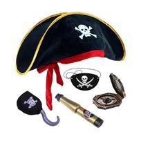 Piratų vakarėlio kostiumų rinkinys su teleskopu, kompasu, kepure su kaukolės atspaudu, žemėlapiu vaikams, cosplay papuošalai, Helovino temos aksesuaras A black