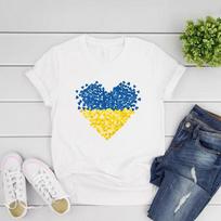 Marškinėliai su Ukrainos vėliava, Marškinėliai su Ukrainos širdies grafika, Moteriški marškinėliai trumpomis rankovėmis su O formos iškirpte, Marškinėliai su meilės ir taikos užrašais, Moteriški drabužiai M balta