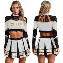 Moterims Sportiniai Šokio Drabužiai Cheerleading Apranga Ilgomis Rankovėmis Blizgučių Trumpas Viršus su Klostuotu Sijonu Rinkinys Cheer Uniforma M balta