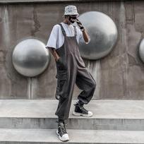 Vyriški ir moteriški kombinezonai to paties stiliaus, japoniško bangų prekės ženklo, juodi, vienos dalies, hiphopo, nacionalinio stiliaus, darbo, su petnešomis, vyriški, laisvi XXL pilka