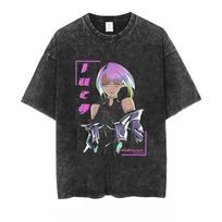 25 Mens T Shirt Cyberpunk Rebecca Print Casual Vintage Washed Short Sleeved Tee Anime Summer Womens Oversized Gym  Harajuku Top S black