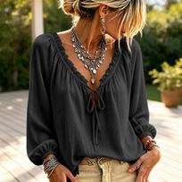 Women's Casual Long Sleeve V-Neck Top with Tie Front Ruffle L juoda