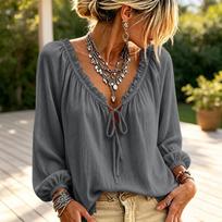 Women's Casual Long Sleeve V-Neck Top with Tie Front Ruffle XXL gray