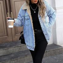 Women's Casual Fashion Long-sleeved Color Loose Plus Velvet Denim Cotton Coat Denim Jacket S šviesiai mėlyna spalva