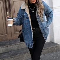 Women's Casual Fashion Long-sleeved Color Loose Plus Velvet Denim Cotton Coat Denim Jacket L tamsiai mėlyna spalva