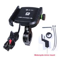 Vandeniui atsparus motociklo 360 laipsnių motociklo vairo veidrodinis mobiliojo telefono laikiklis su QC 3.0 USB įkrovikliu, skirtu iPhone Samsung Xiaomi išmaniajam telefonui juoda