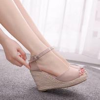 9 cm didelio dydžio pleištiniai sandalai Bohemiškos žuvies snukio sandalai kanapinės virvės aukštakulniai žuvies burnos sandalai 42 beige
