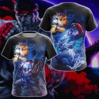 Street Fighter 3D spausdinti marškinėliai vyrams Apvalia kaklo iškirpte Laismi Viršutiniai drabužiai Kvėpuojantys Patogūs Vasaros Harajuku Per dideli Kasdieniniai Vyriški drabužiai L blue