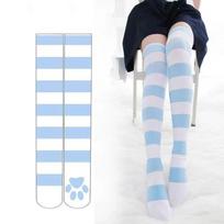 Lolita Ant kelių rožinės juostelės Kawaii Cat Paw Print kojinės Lolita Gothic Velvet Virš kelių Šlaunų Aukštos JK Ilgos Kojinės One Size mėlyna