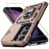 Apsauginis dėklas, skirtas Samsung Galaxy S25 S24 Ultra S23 Plus S22 S21 S20 FE 5G, su grūdinto stiklo ekrano apsauga, žiedu, stoveliu, slankiojančiu kameros dangteliu Galaxy S21 5G rožinė