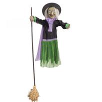 Animatroninė raganė Helovino dekoracijos 1,8 m aukščio skraidanti raganė ant šluotos su baisiais garsais ir šviesomis sodo kiemo vejos dekoravimui Broom Witch - Green Skirt
