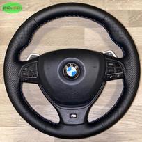 Odinė pintos odos vairo apdangalas BMW 5, 6, 7 serijai F10 F07 F06 F12 F13 F01 F02 raudona mėlyna linija Perforuota mikropluošto oda black thread gray