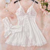 Seksualūs moteriški apatiniai miego drabužiai Skaidri viliojanti nėriniuota camisole 2 dalių komplektas Miego suknelė Pižama Naktiniai marškiniai M white