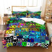 Pikti Geometry Dash Patalynės Komplektas Viengulis Twin Pilnas Karalienės Karaliaus Dydžio Lovos Komplektas Žaidimų Miegamojo Antklodės Užvalkalų Rinkiniai Anime Paklodžių Rinkinys Įrankis AU Single 140x210cm