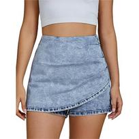 High Waist Denim Skort for Women Casual Asymmetric Wrap Front Design Comfortable Stretchy Fabric Shorts Skirt S gray
