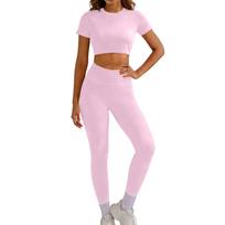 Women Two Piece Seamless Yoga Outfit Short Sleeve Crop Top High Waist Leggings Athletic Workout Set Gym Clothes M rožinė