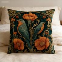 William Morris Inspired Robin Bird Pillow Cover Vintage Art Nouveau Floral Print Cushion Case For Sofa Couch Boho Home Decor Short plush 18*18(CM)-1Pcs