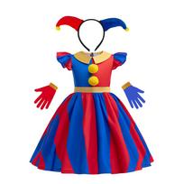 Pomni Halloweeno kostiumas vaikams The Amazing Digital Circus personažas Suknelė, pirštinės ir pliušinis žaislas rinkinys Cosplay vakarėliui 120(4Y) blue