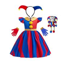 Pomni Halloweeno kostiumas vaikams The Amazing Digital Circus personažas Suknelė, pirštinės ir pliušinis žaislas rinkinys Cosplay vakarėliui 110(3Y) blue