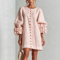 Moteriška medvilnės ir lino su rankovėmis su elegantišku 3D XL rožinė