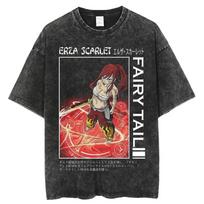 2026 summer Vintage Washed Fairy Tail Manga Cover Anime T-Shirt Unisex Oversized Streetwear Cotton Short Sleeve Casual Tops M black