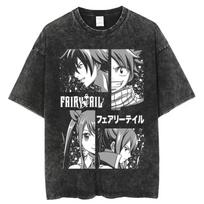 2026 summer Vintage Washed Fairy Tail Manga Cover Anime T-Shirt Unisex Oversized Streetwear Cotton Short Sleeve Casual Tops M black