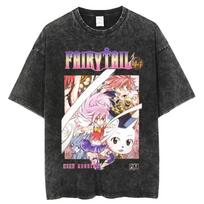 2026 summer Vintage Washed Fairy Tail Manga Cover Anime T-Shirt Unisex Oversized Streetwear Cotton Short Sleeve Casual Tops XL black