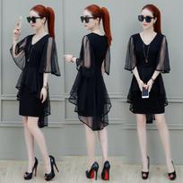 Women Chiffon Dress Summer 2026 New Gentle Fairy Cold Wind Slim Fit Mesh Medium‑Short Length Solid Color Ladies Dress 3XL juoda