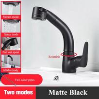 Matinės juodos spalvos vonios praustuvo maišytuvas, ištraukiamas snapelis, pasukamas pakeliamas korpusas, montuojamas karšto ir šalto vandens maišytuvo čiaupas black