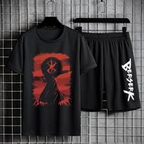 Anime Berserk dviejų dalių kostiumai, juodi sportiniai kostiumai, laisvalaikio rinkinys 100 % medvilnės trumpomis rankovėmis marškinėliai Vasariniai raišteliai šortai penktos kelnės 4XL black