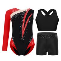 Merginų gimnastikos šokių apranga Blizgūs kalnų krištolai Spalvų blokas Asimetriškas triko Kryžiuojama nugara Atvira nugaros dalis Liemenė 15-16 Years bordinė