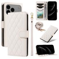 Odinis piniginės dėklas su kortelių laikikliu ir dirželiu per petį, atverčiamas, skirtas iPhone 17 Pro Max 16 Plus 15 14 13 12 11 16E, su stoveliu, krepšys, knygos tipo dangtelis iPhone 15 Pro balta