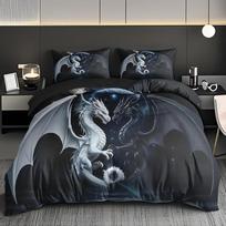 3Pcs White & Black Dragons Holding Earth Bedding Set 3D Printed Fantasy Duvet Cover Set With Pillowcases For Bedroom EU Twin(135x200cm)