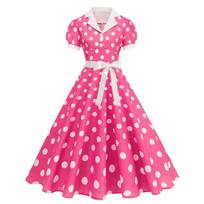 Vintage 1950s Polka Dot Dress for Women, Short Sleeve Retro Swing Dress with Belt, Classic A-Line Tea Party Dress XXL rožinė