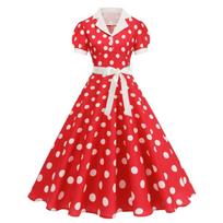 Vintage 1950s Polka Dot Dress for Women, Short Sleeve Retro Swing Dress with Belt, Classic A-Line Tea Party Dress M raudona