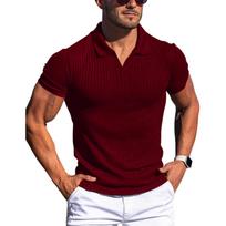 Vyriški megztas polo marškinėlis, slim fit, V formos iškirpte, trumpomis rankovėmis, tampri, raumenis pabrėžianti marškinėlė, laisvalaikio vasaros viršutinė dalis M purpurinė raudona spalva
