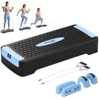 Step board height-adjustable fitness aerobic stepper with 2 levels (11/16 cm) 2 resistance bands, anti-slip mat, blue 66 x 28 x 16 cm mėlyna