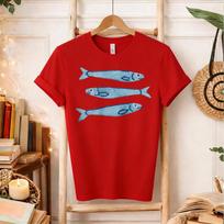 Women Three Blue Sardine Fish Hand Drawn Graphic Short Sleeve T Shirt Vintage Ocean Fish Print Casual YK Daily Streetwear Tees L red