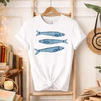 Women Three Blue Sardine Fish Hand Drawn Graphic Short Sleeve T Shirt Vintage Ocean Fish Print Casual YK Daily Streetwear Tees 4XL white