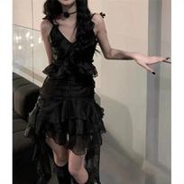 Karrcat Gothic Ruffles Suknelė Fairy Grunge Bandage Mini Suknelė Be rankovių Nereilinga V formos kaklo tortinė suknelė Emo Alt Drabužiai Vintage Goth M juoda